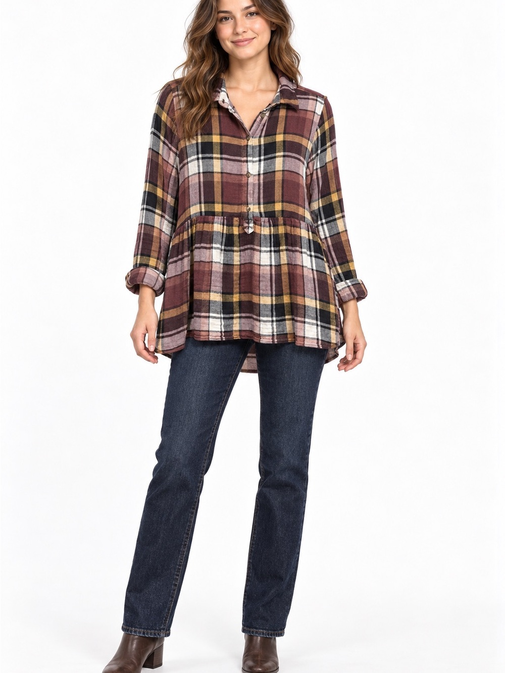 American Eagle Plaid Babydoll Peplum Tunic Top Burgundy Mustard